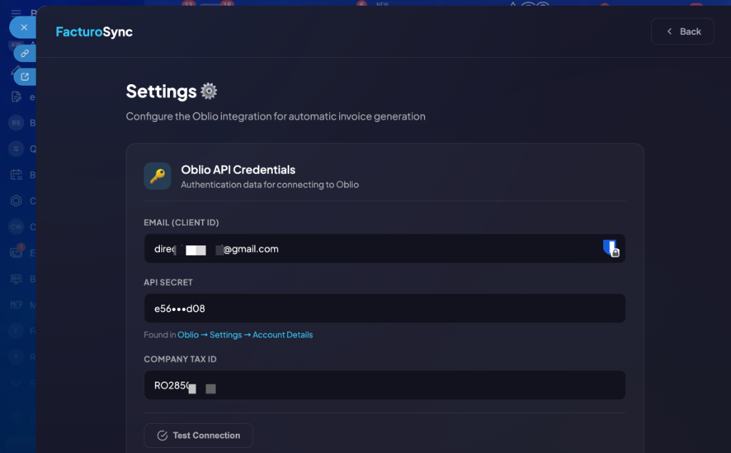 FacturoSync Settings - Oblio API Configuration